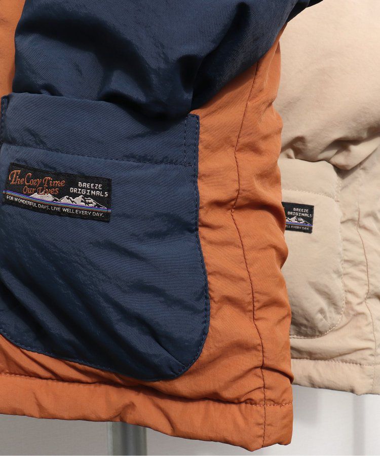 日本 BREEZE - 鋪棉保暖連帽外套-異色拼接-綠x藍