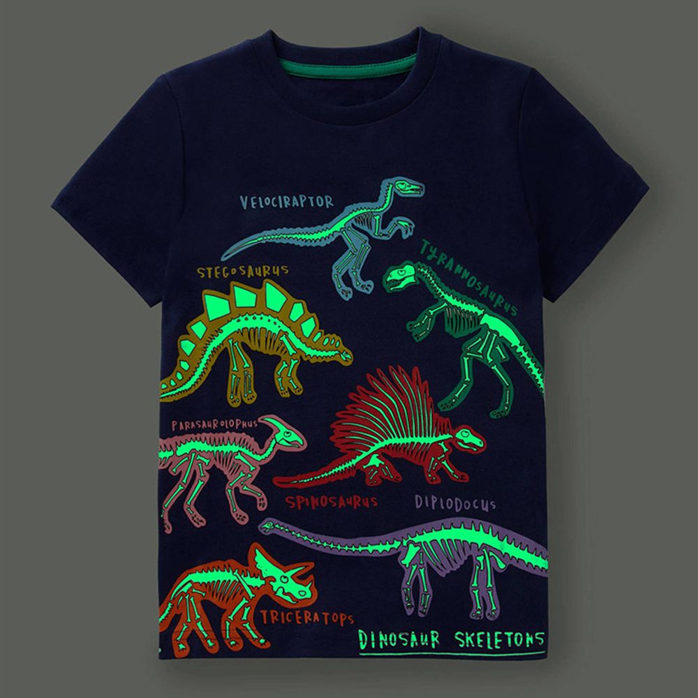 Jumping meters - 夜光圓領短袖上衣-恐龍化石展覽-深藍色