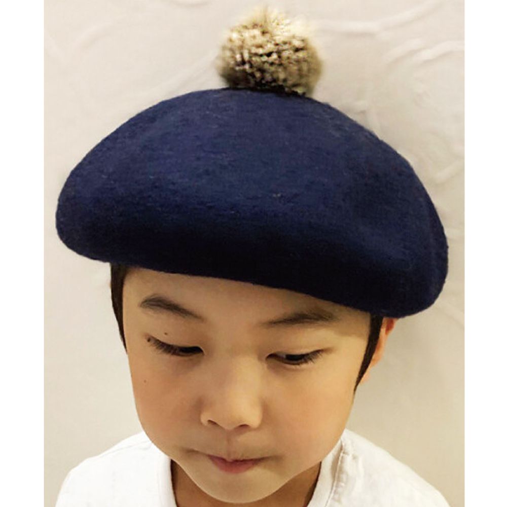 日本 jou jou lier - (兒童)毛球撞色毛呢貝蕾帽-深藍 (FREE)