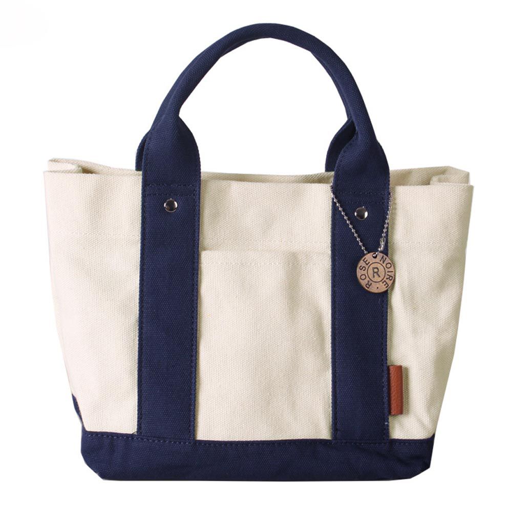 加厚大容量帆布手提包/便當袋-夾層可拆-白+深藍 (20.5x15x21.5cm)
