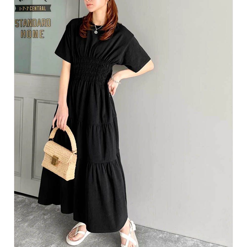 100%棉 圓領美型縮腰分層短袖洋裝-黑