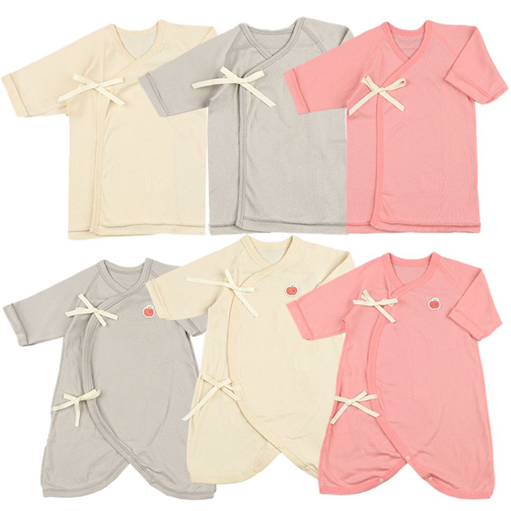 akachan honpo - 長袖新生兒內衣6件組-綁帶款 植物染-粉紅色 (肚衣:50cm 蝴蝶裝:50~60cm)