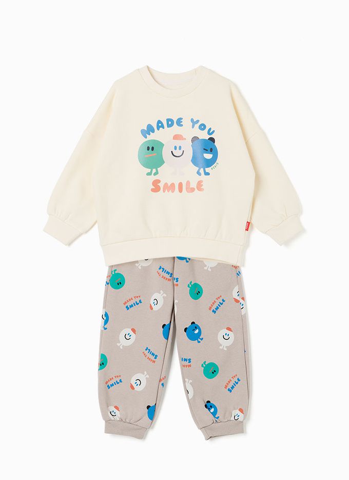 韓國 OZKIZ - 調皮微笑豆豆內磨毛長袖套裝-米白X杏灰