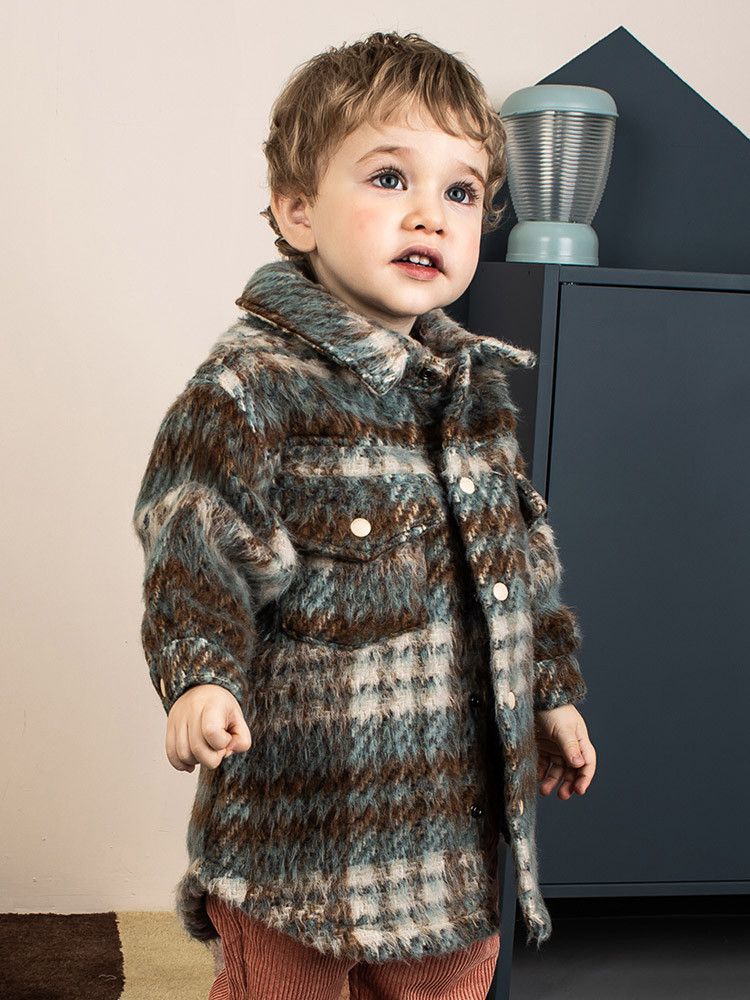 韓國Pimpollo - 藍格紋襯衫型保暖外套-棕