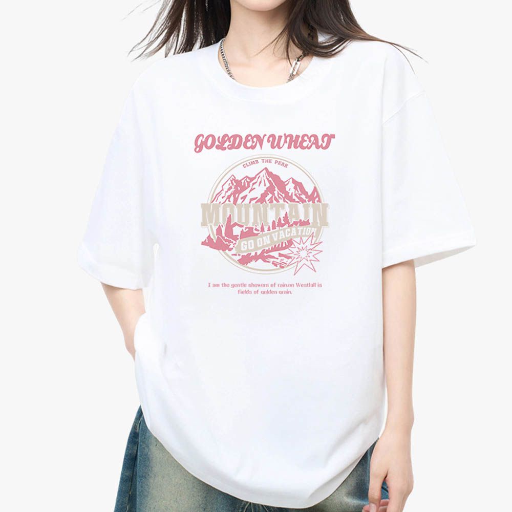 純棉寬版印花T恤-粉色山脈-白色