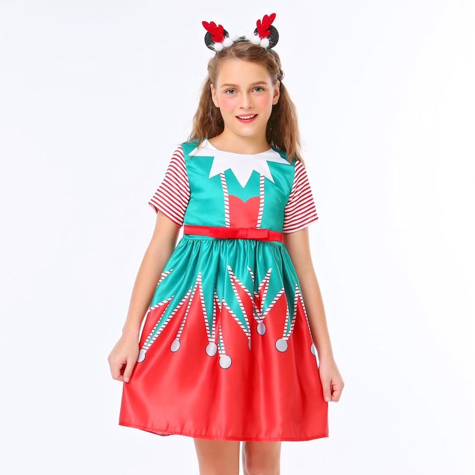 love, charlotte - 聖誕小精靈印花洋裝搭配頭飾組