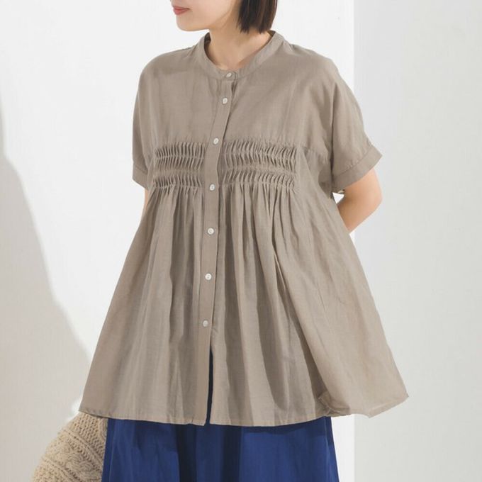 日本 OMNES - 100%印度棉 皺摺傘狀短袖襯衫-棕條紋