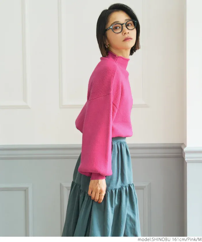 日本 COCA - 立領修身坑條落肩針織毛衣-米杏