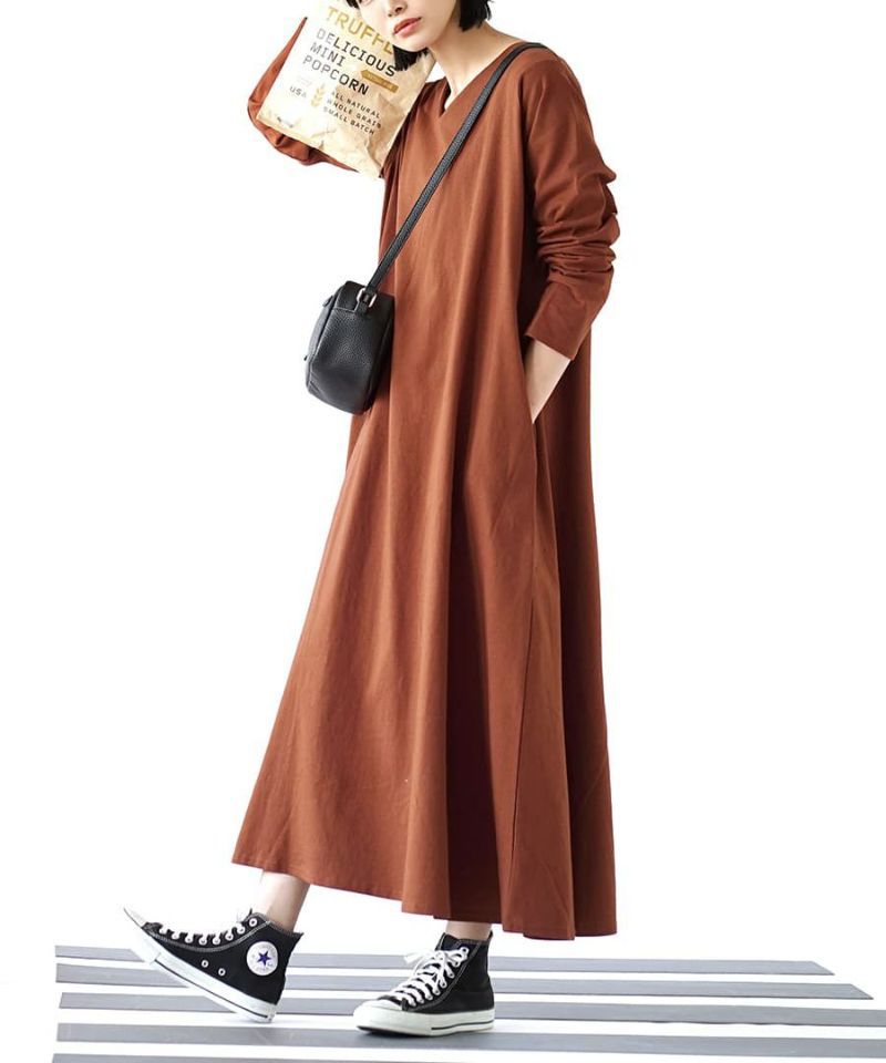 日本 zootie - 抗透汗 純棉修身長袖洋裝-V領-咖啡