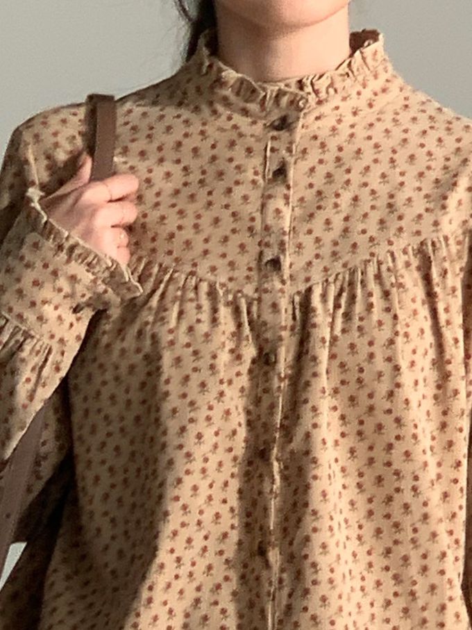 韓國女裝連線 - 滿版小花朵燈芯絨長袖襯衫-卡其 (FREE)