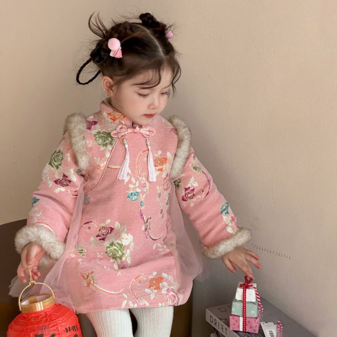 新年拜年甜美古風旗袍領鋪棉網紗點綴洋裝 新年拜年女童洋裝