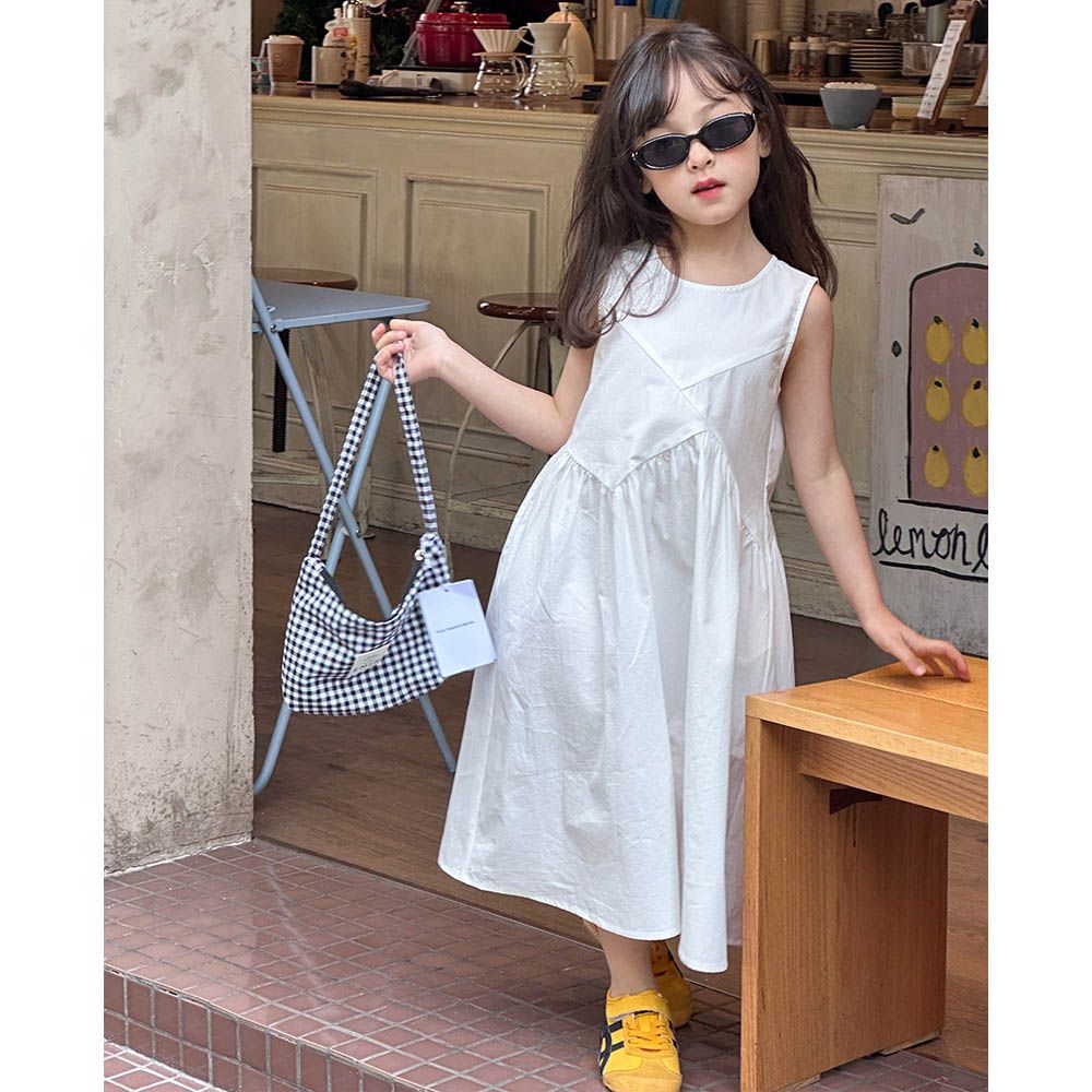 法式優雅無袖中長版洋裝-拼接設計-白色