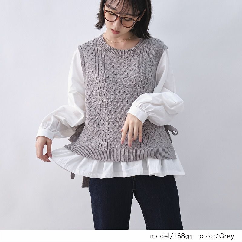 日本 Rejoule - 假兩件編織紋針織背心X白上衣-灰 (M(Free size))