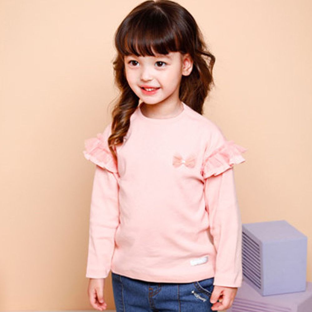 韓國 Jelispoon - 網紗荷葉裝飾袖上衣-粉紅