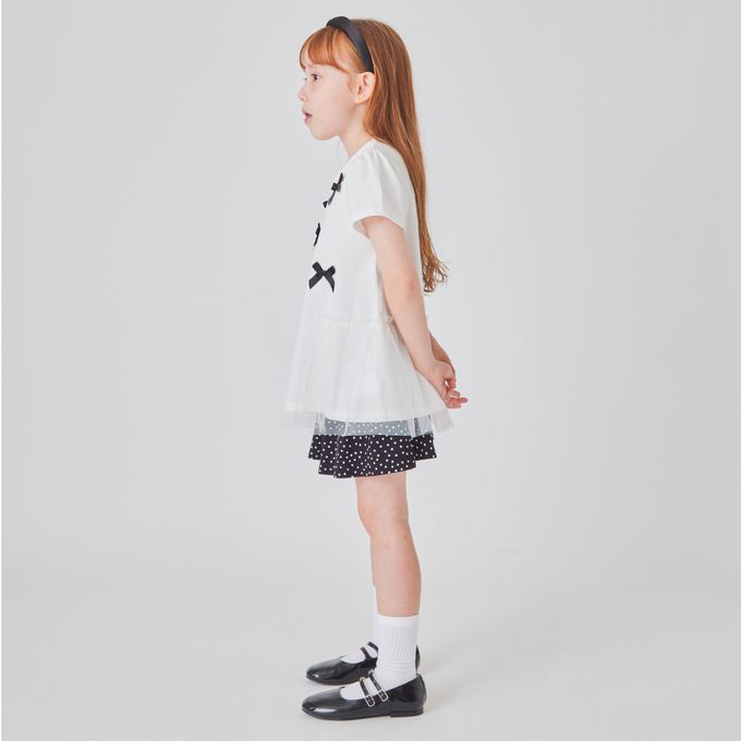 日本 evercloset - 蝴蝶結薄紗拼接短袖上衣-粉紅