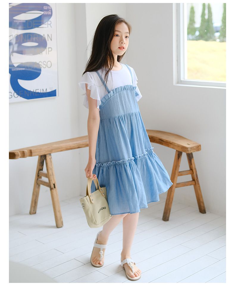 假兩件式拼接蛋糕裙洋裝-藍+白