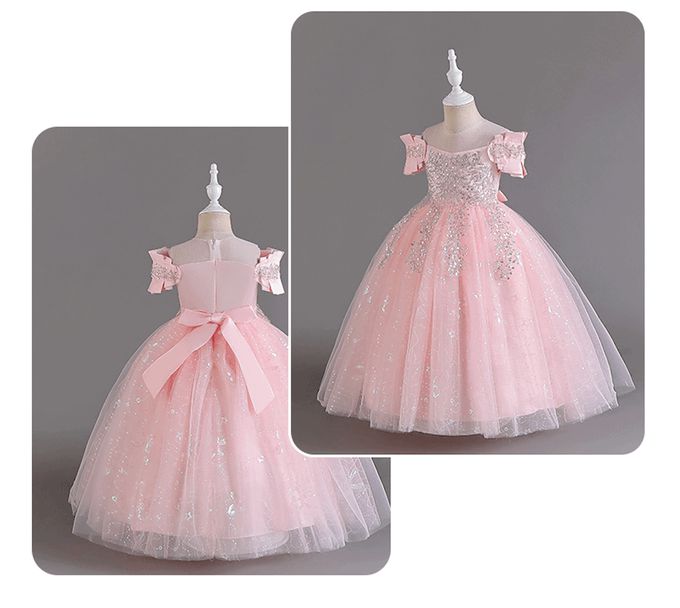 氣質淺粉手工繡花亮片落肩長裙禮服