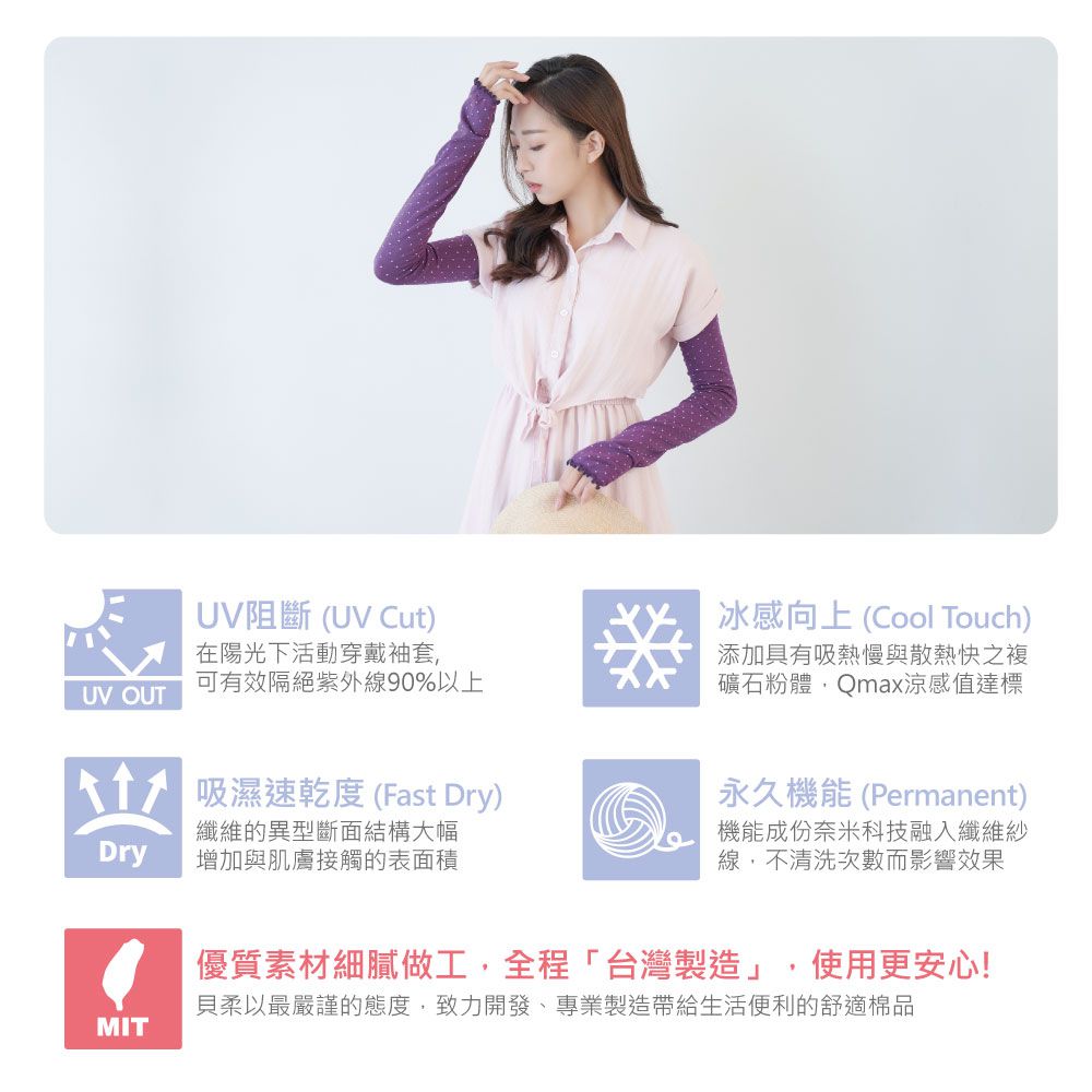 貝柔 Peilou - 冰涼紗防曬袖套-可愛點點-深紫-free size