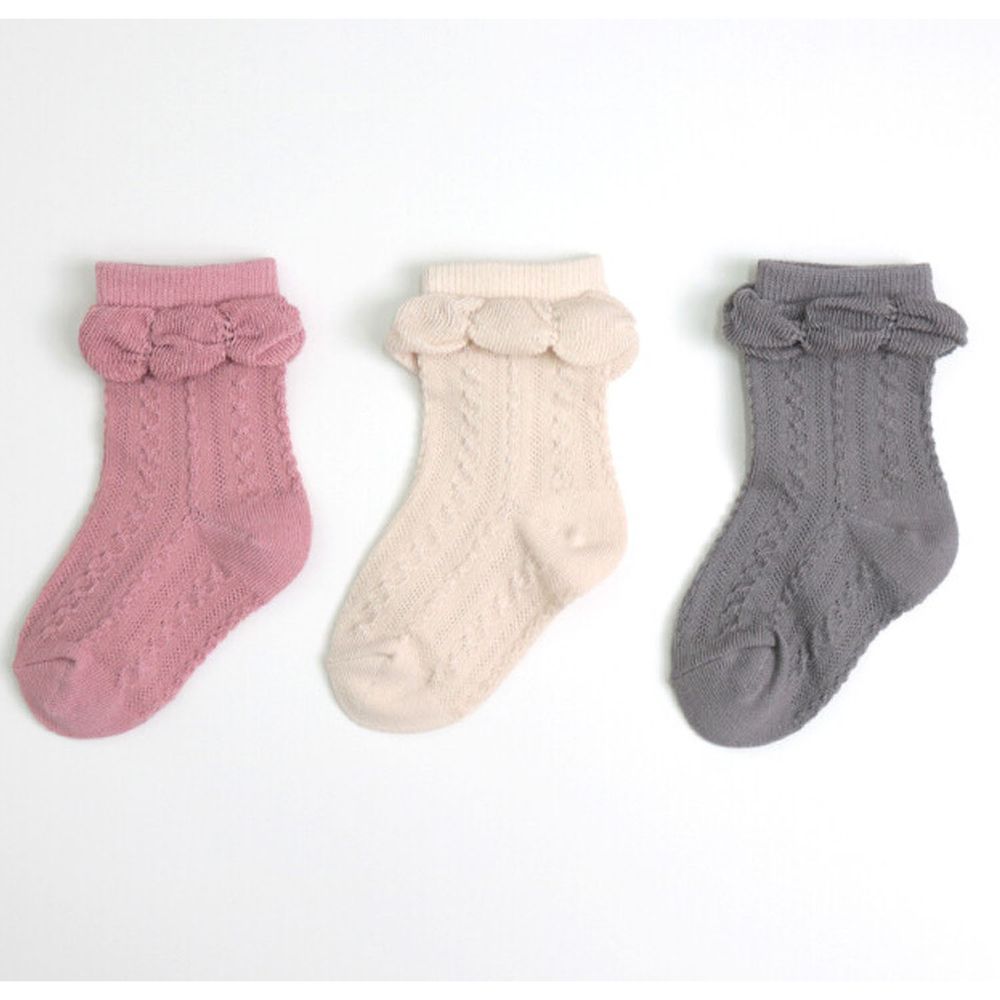 日本 stample - (兒童)中筒襪-超值三雙組-立體泡泡-粉米灰