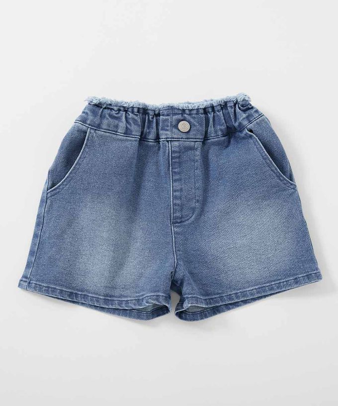 日本 devirock - Raku Denim蝴蝶結印花牛仔短褲-藍