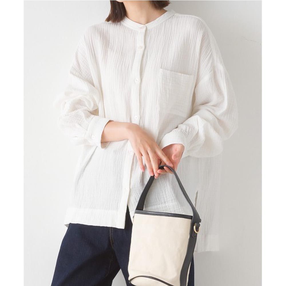 日本 OMNES - 圓領質感二重紗長袖襯衫-白