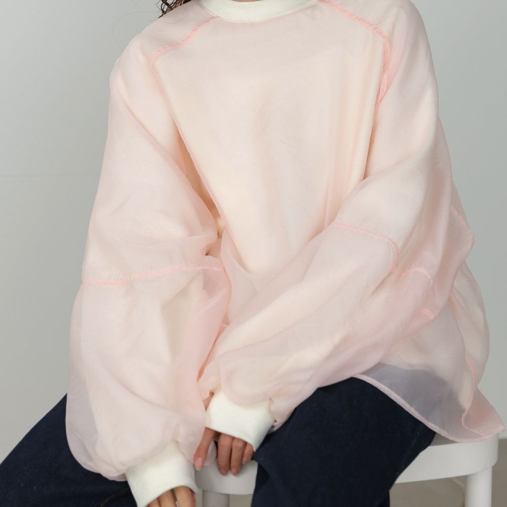 熱銷經典 薄紗層次裏毛長袖上衣-嫩粉紅