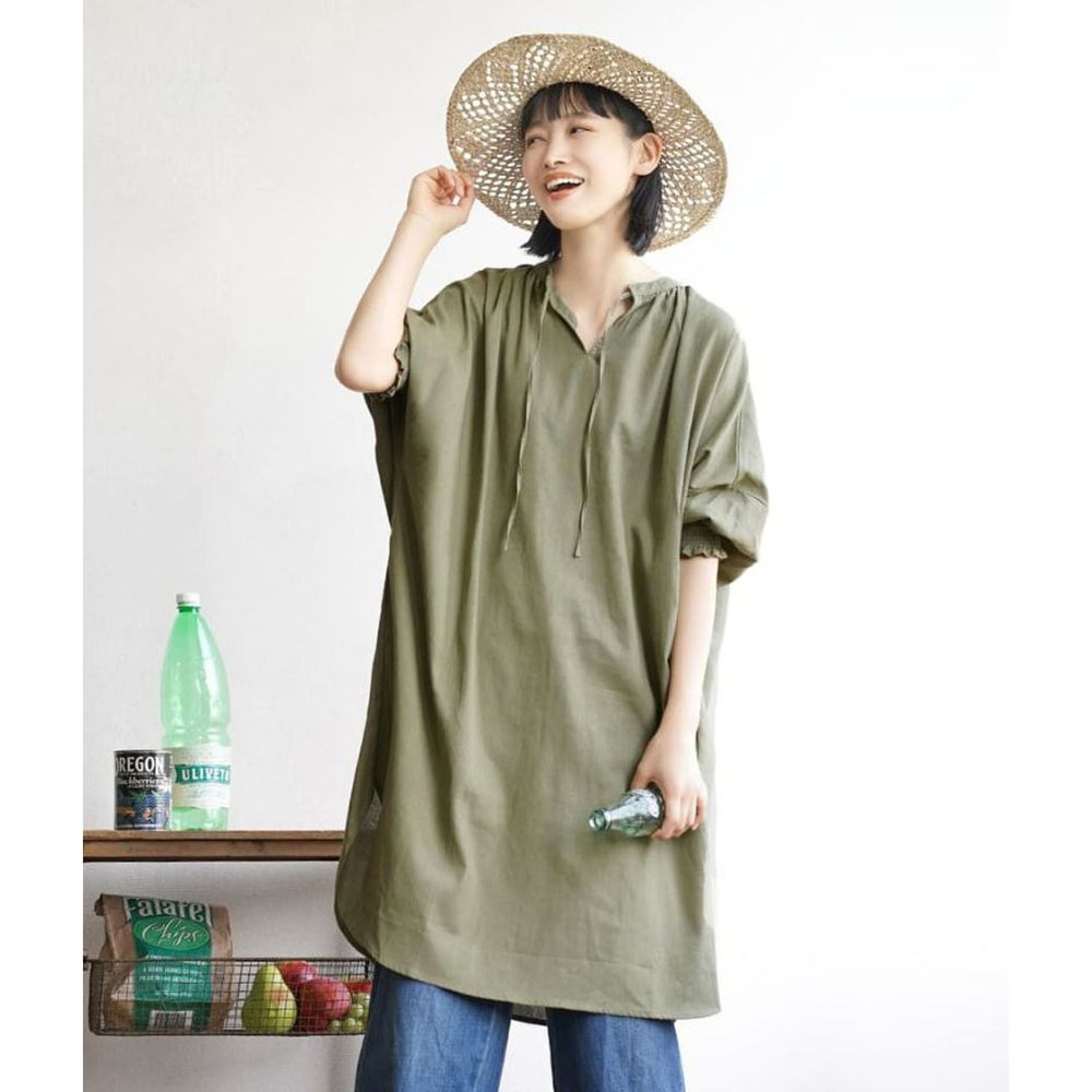日本 zootie - 2way麻料混紡束口七分袖洋裝-墨綠
