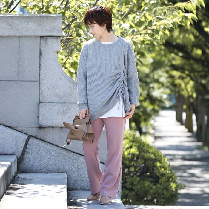 日本 ihuu - 側抽繩落肩船領針織上衣-米杏