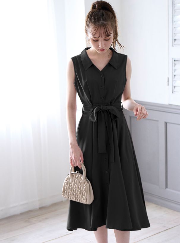 日本 GRL - 翻領無袖腰間綁帶洋裝-黑