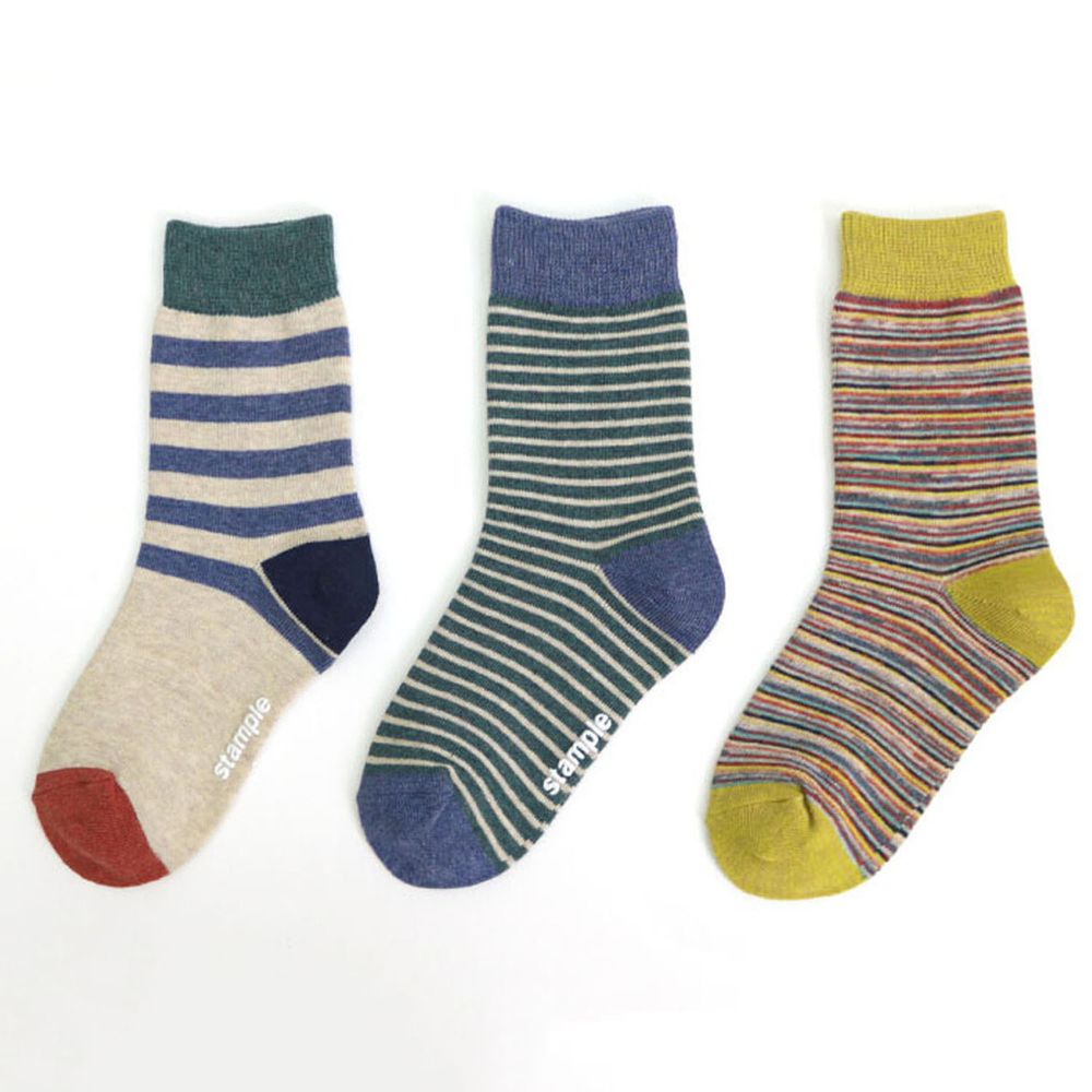 日本 stample - (兒童)中筒襪-超值三雙組-撞色條紋-A(藍x黃)