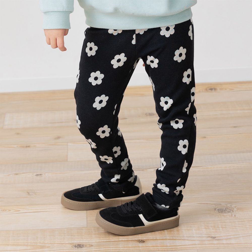 熱銷！刷毛保暖彈力合身長褲-大花-黑