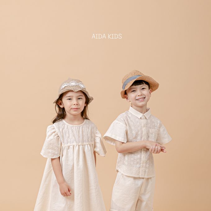 韓國 AIDA - 質感蕾絲花繡短袖連身洋裝-象牙白