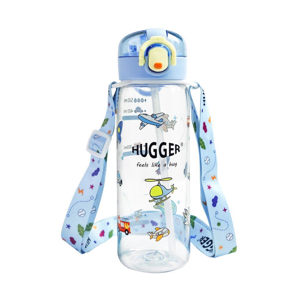 HUGGER - 彈蓋吸管水壺500ml (交通工具) 背帶組-透明大容量Tritan兒童激勵隨身水瓶