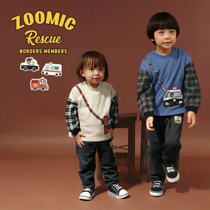 日本 ZOOLAND - 熊熊救援隊 車車口袋長袖上衣-警車-藍