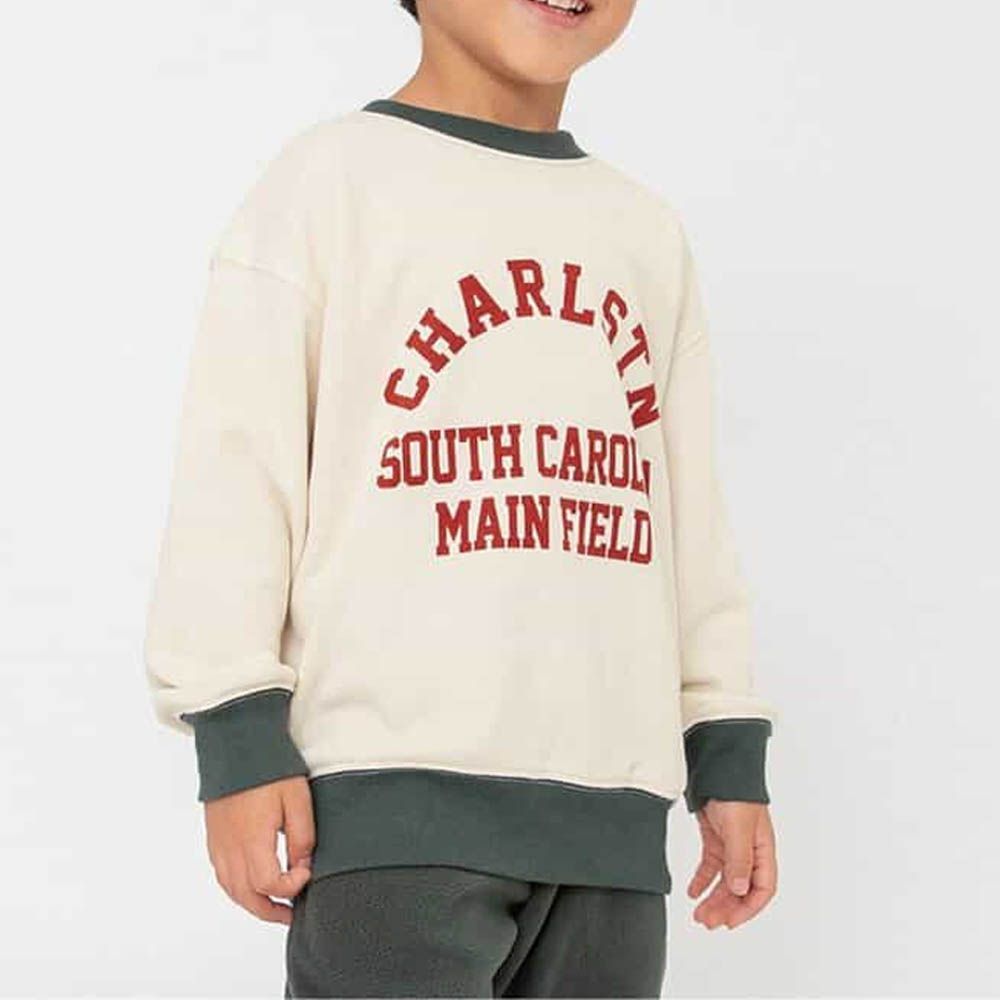 美式英文LOGO縮口長袖上衣-白X墨綠