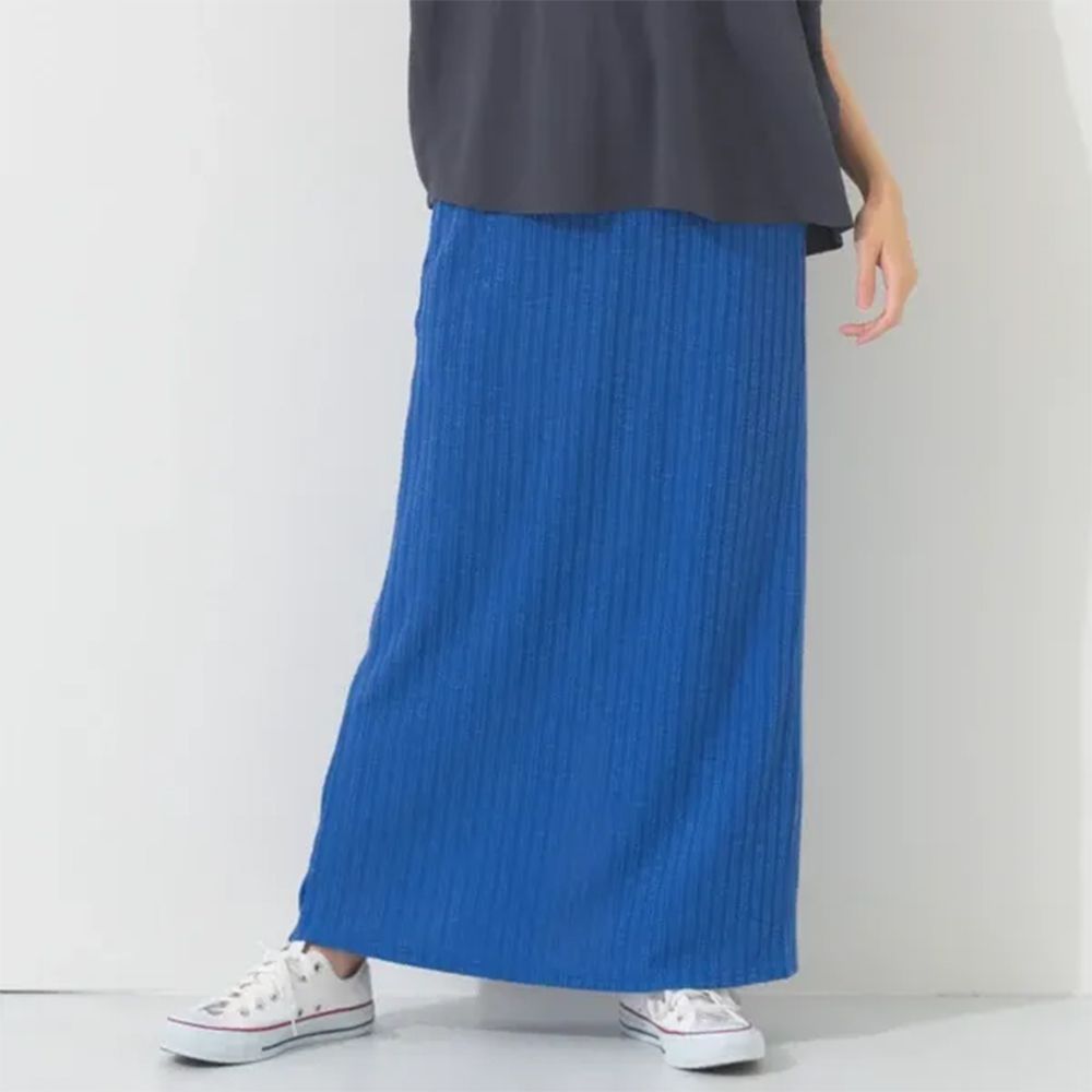 休閒百搭羅紋後開叉長裙-寶藍