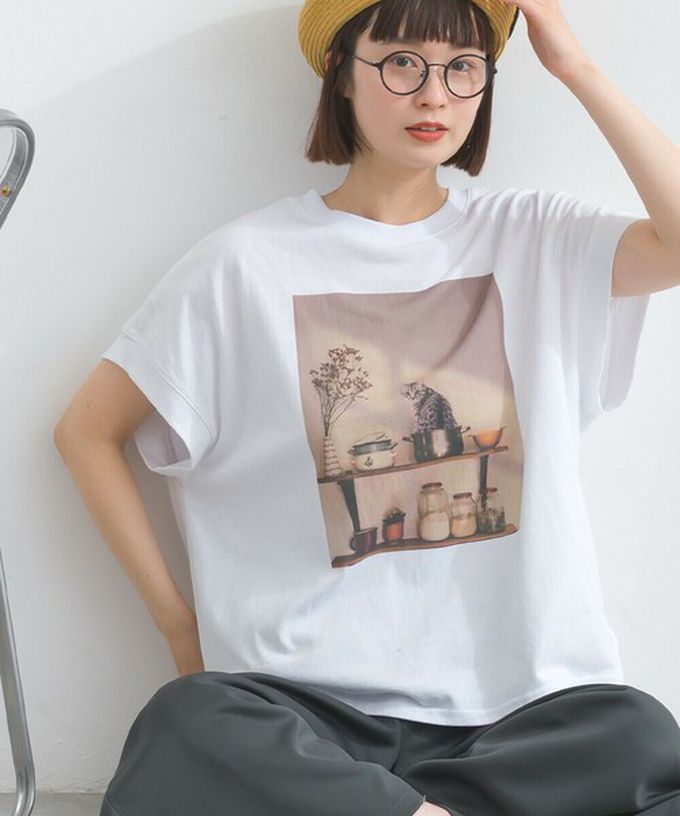 日本 Lupilien - 16支天竺棉 療癒印花法式袖上衣-貓咪的房間-薄荷