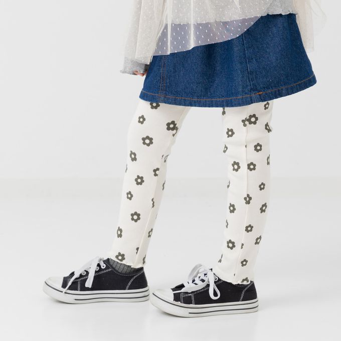 日本 Chil2 - 滿版印花羅紋合身內搭褲-花草-淺藍