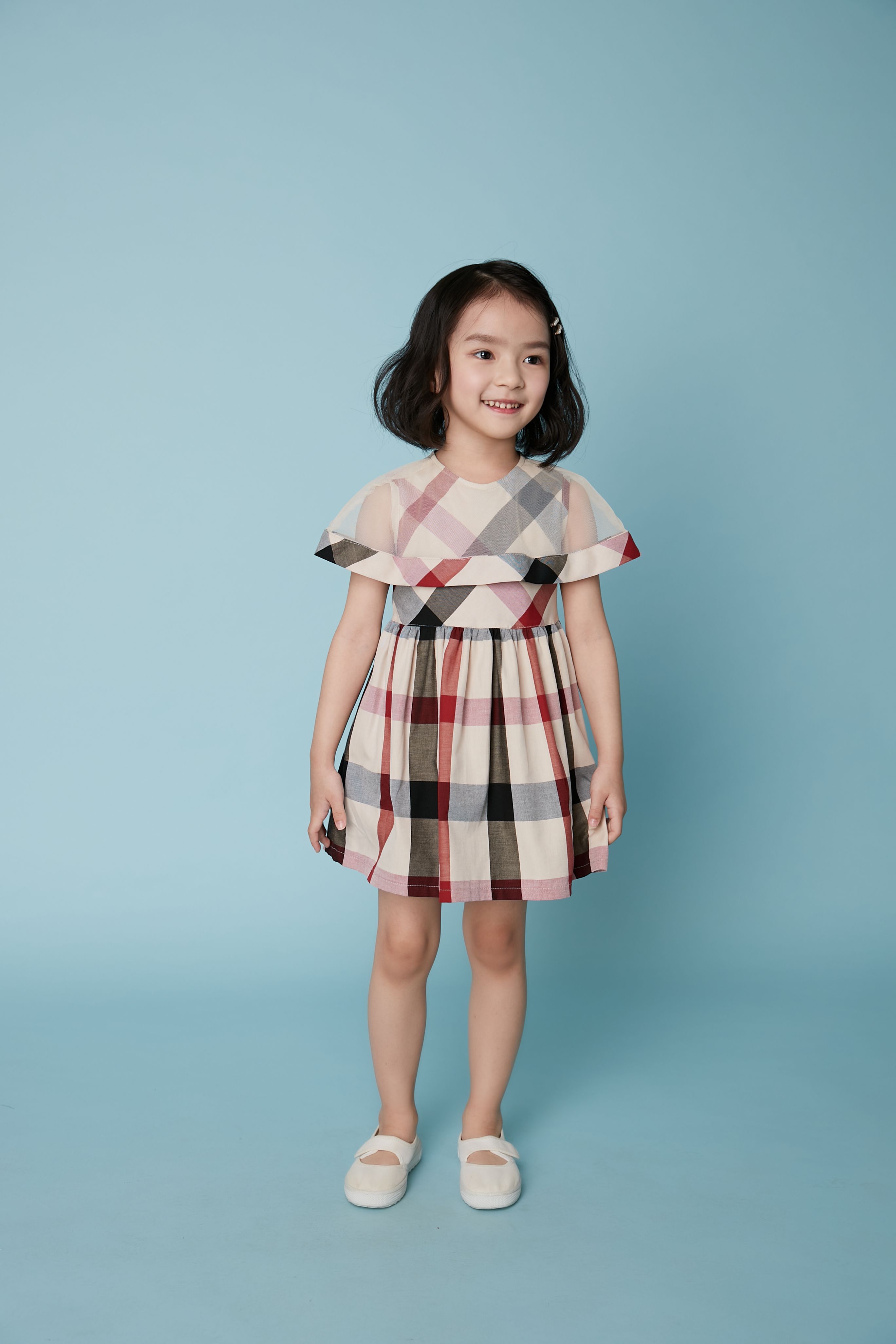 韓國 Coco Bang - 透膚披肩英倫格紋洋裝