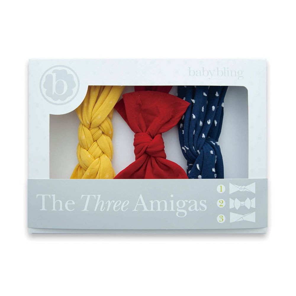 美國baby bling - 純手工超彈性極舒適大蝴蝶結組合款髮帶/髮飾禮盒組-黃紅藍