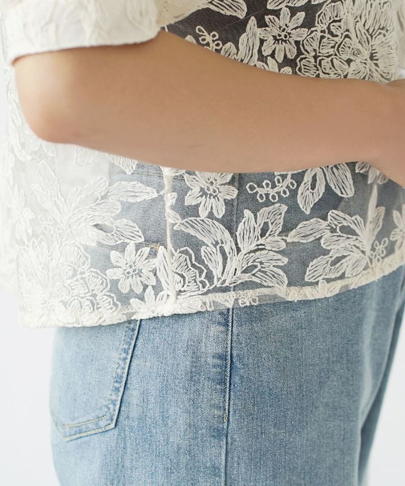 日本 zootie - 優雅花朵蕾絲薄外套/罩衫-米杏