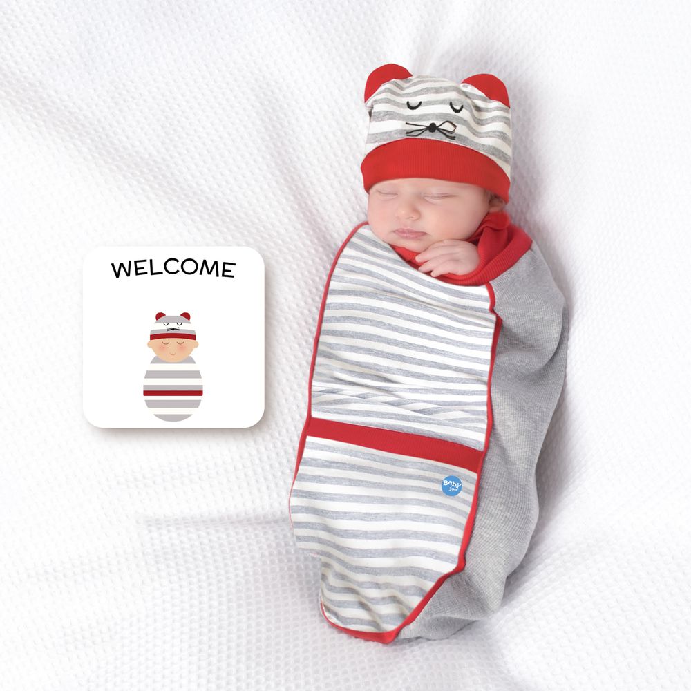 BABYjoe - 美國製純棉手工新生彌月包巾套組-彎彎笑鼠來寶寶-灰色 (適合0-4個月或7公斤以下新生寶寶)-150g