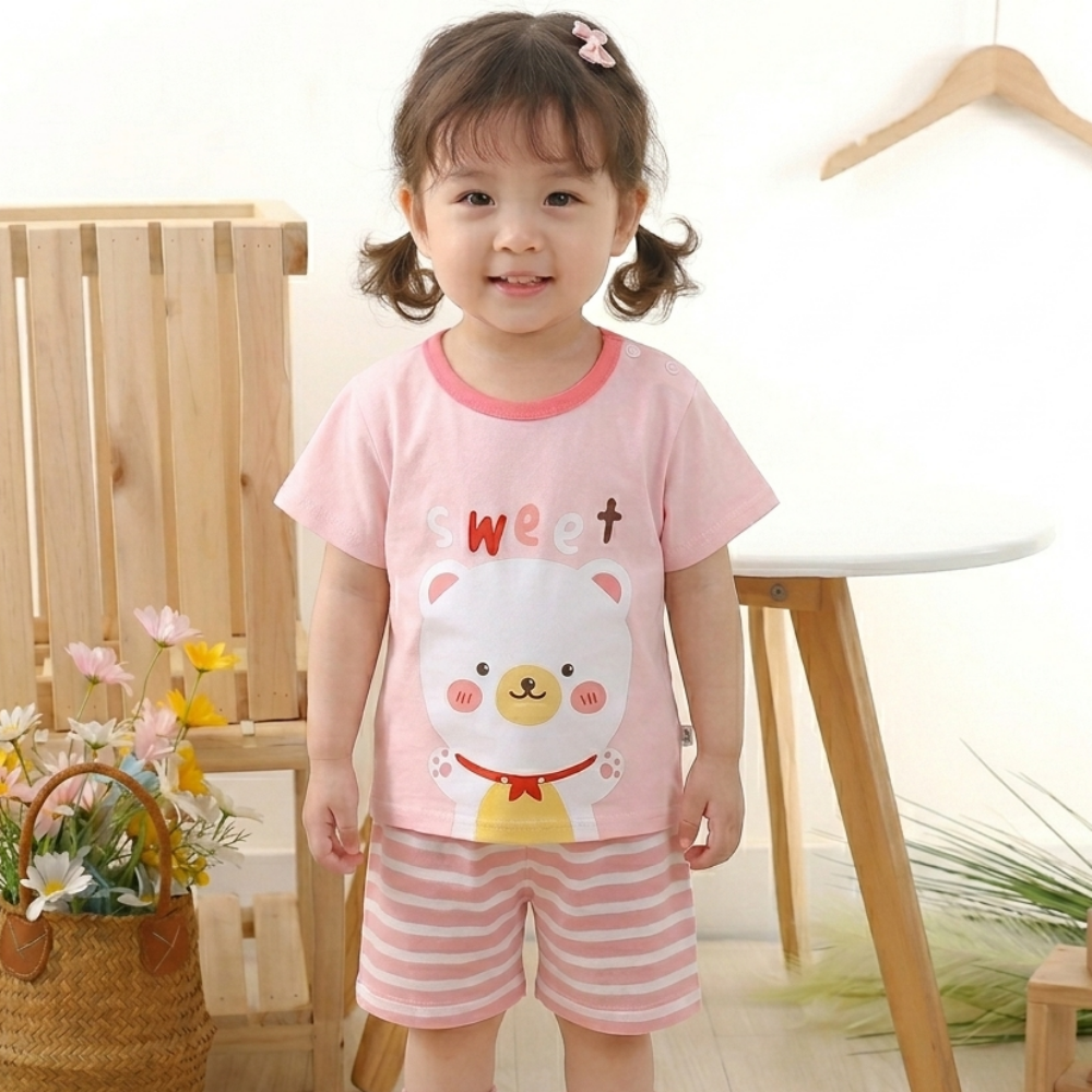 純棉透氣短袖短褲家居服套裝-微笑小熊