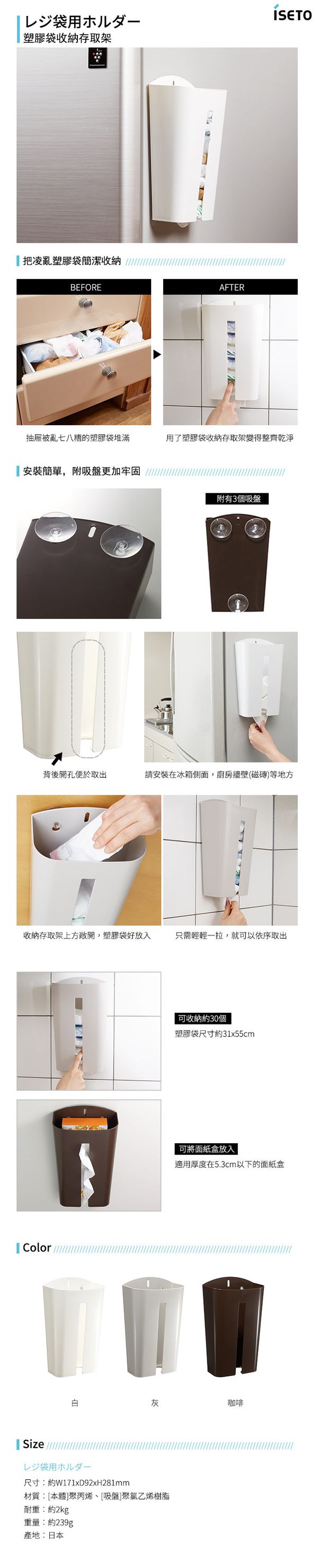 日本ISETO - 塑膠袋收納存取架-白
