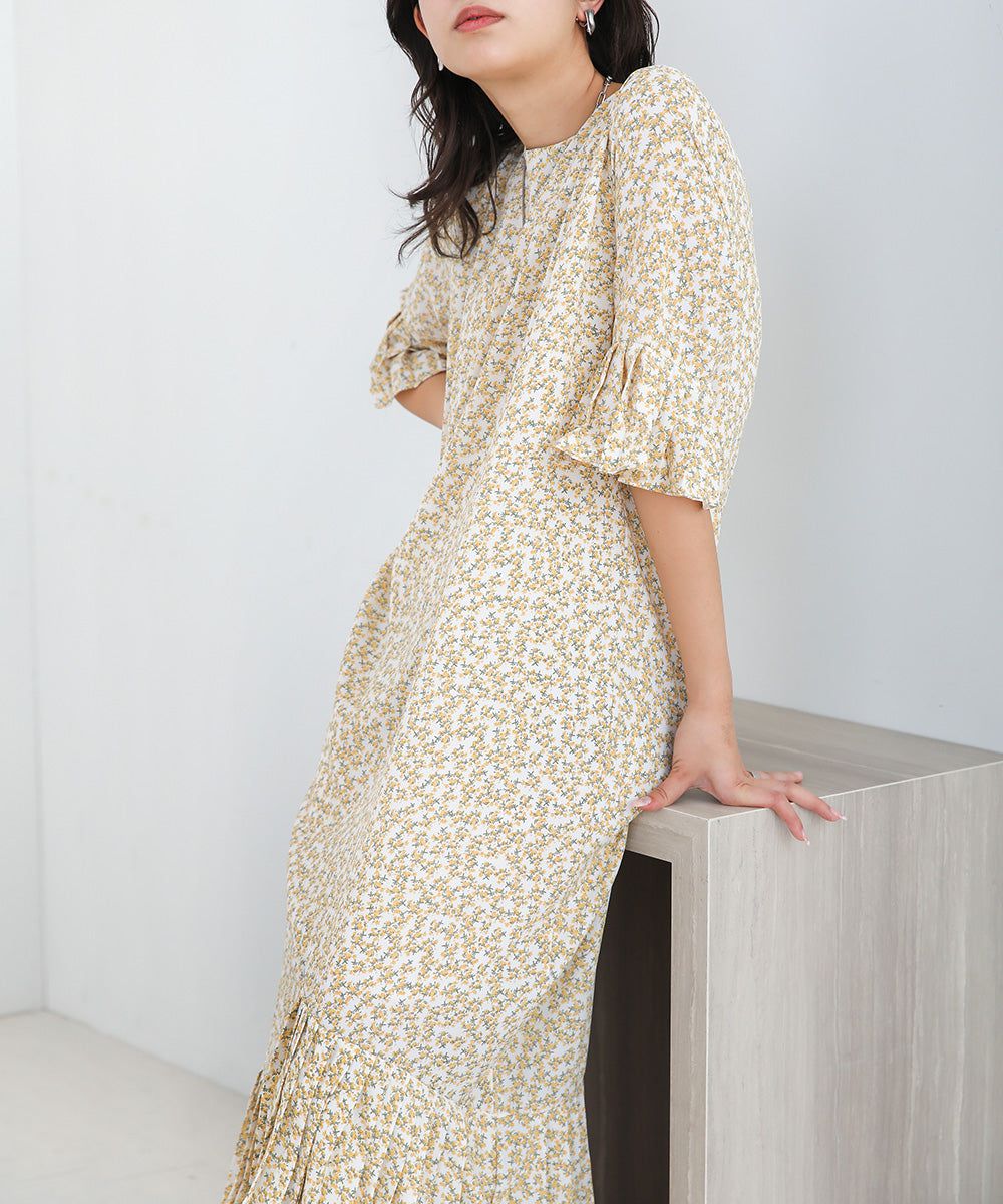 日本 Bab - 圓領碎花糖果袖洋裝-奶油白