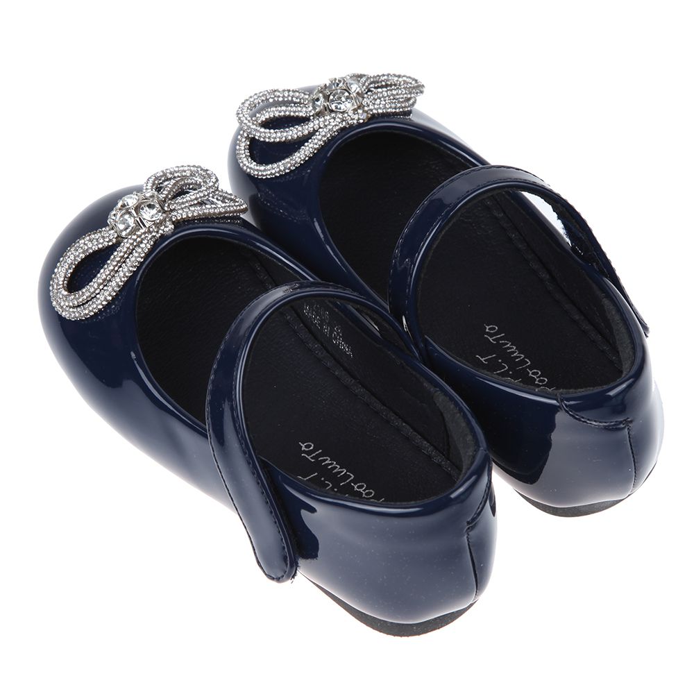 閃亮鑽石水晶蝴蝶結深藍色兒童公主鞋