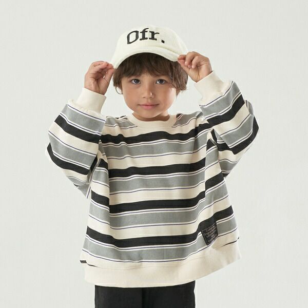 日本 b-ROOM - 裏起毛亮色系大落肩條紋上衣-黑灰系