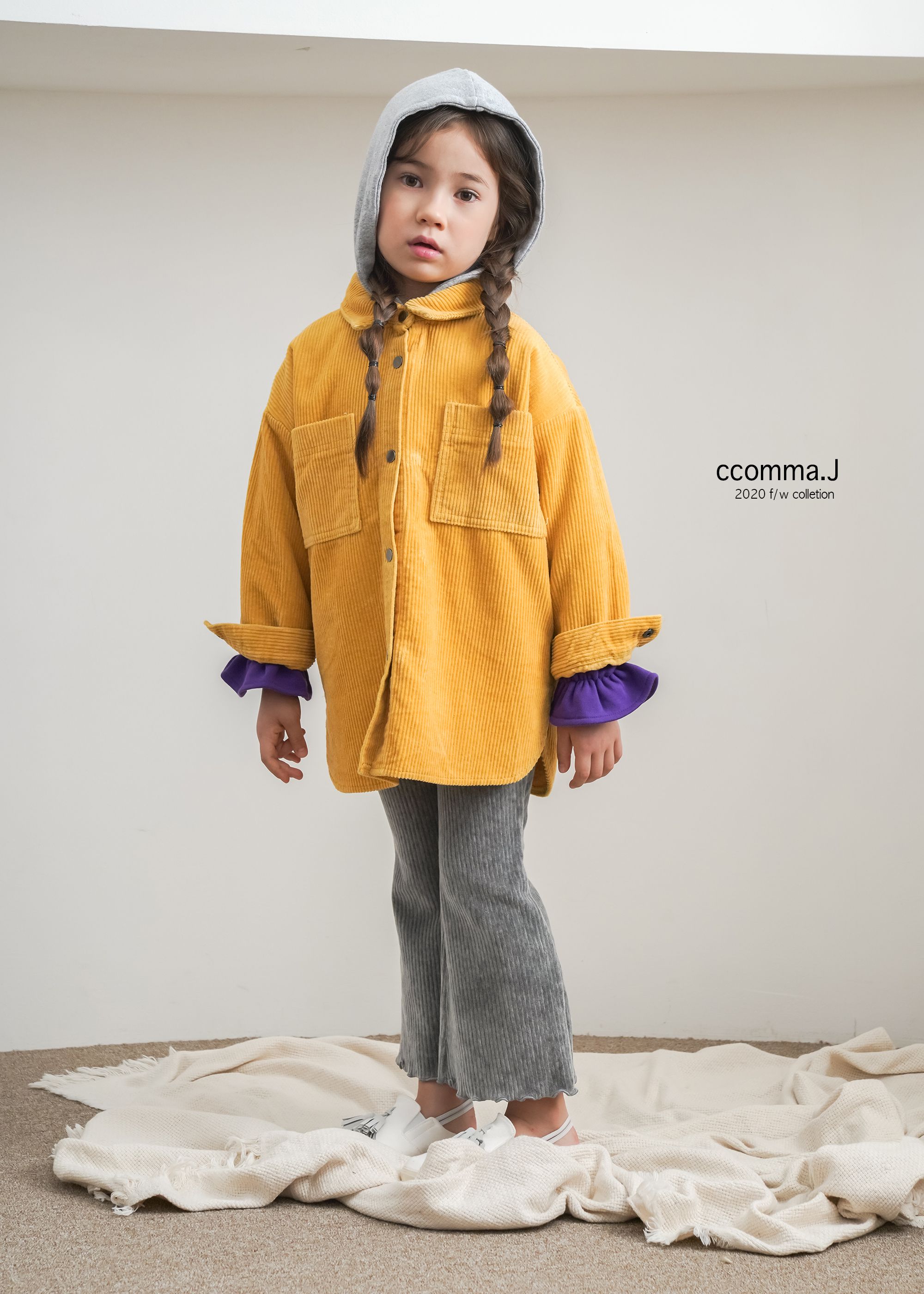 韓國 ccomma. J - 燈芯絨連帽夾克-芥末黃