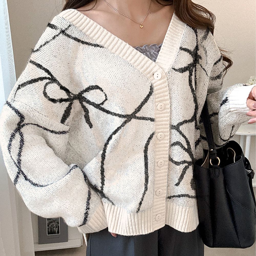 蝴蝶結線條金蔥閃爍針織開襟衫-象牙 (F)