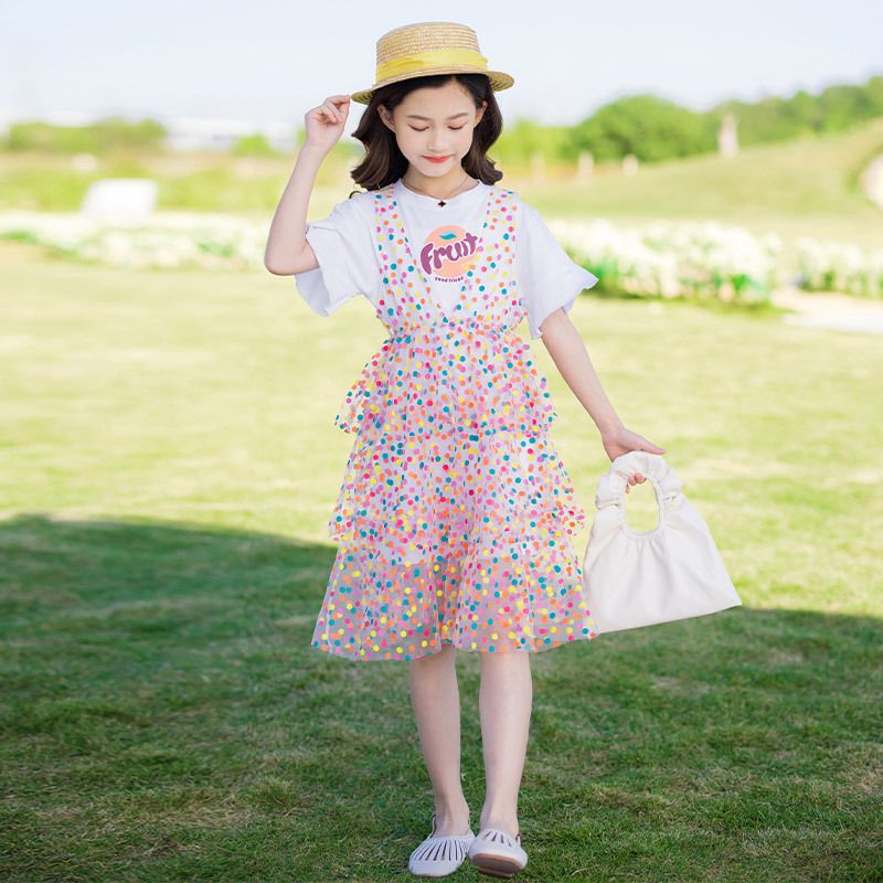 圓領短袖繽紛吊帶網紗蛋糕裙-圓點-白色-上衣+裙子